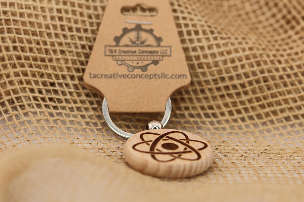 Atomic Symbol Keychain - Laser Engraved Hardwood Science Gift with Stainless Steel Ring