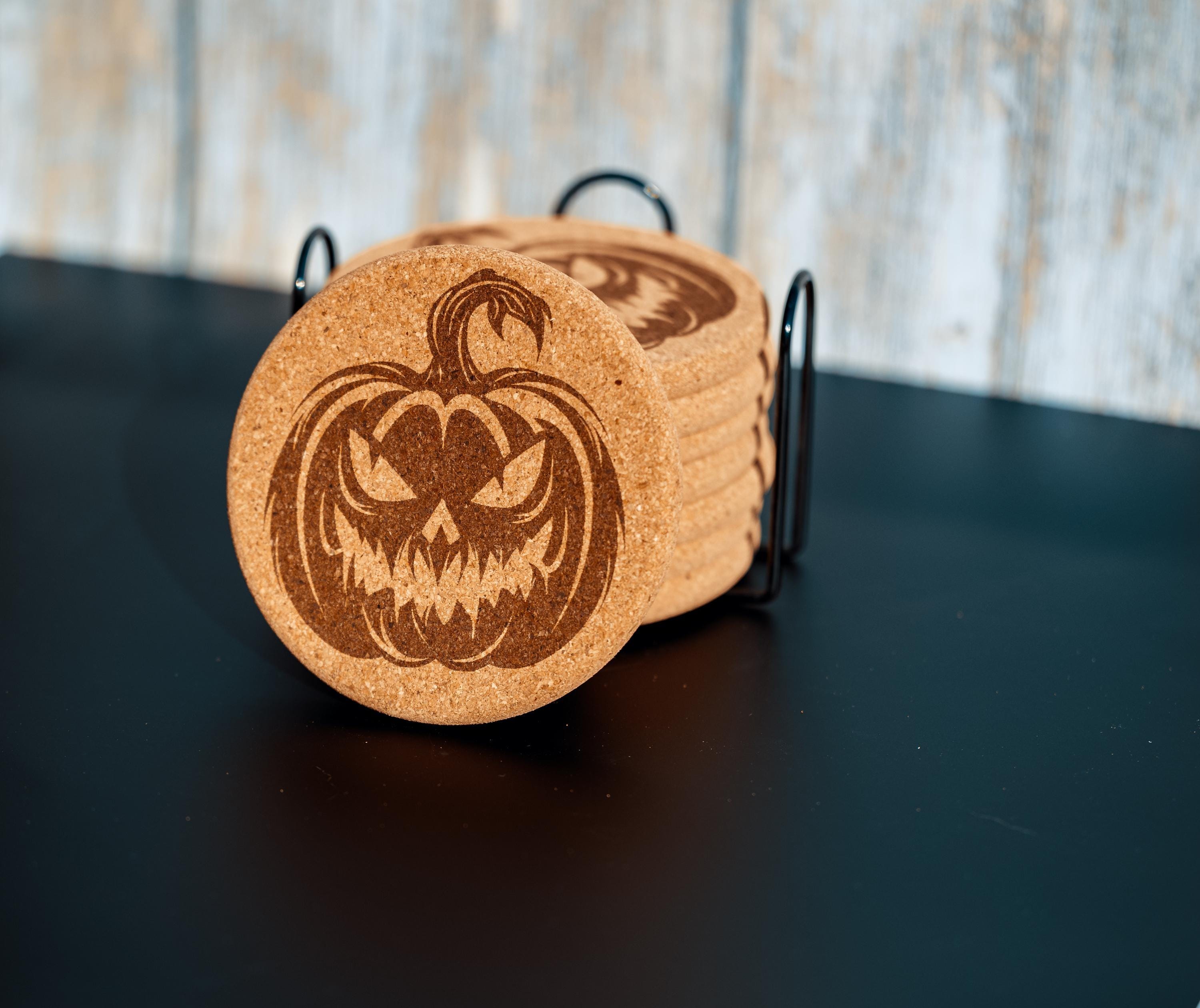 Halloween Pumpkin Coasters – Natural Cork Set | Laser Engraved Pumpkin Coaster Holder