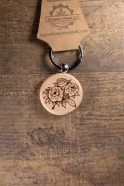 Wood Keychain – Laser Engraved Peony Bouquet Floral Charm | Maple, Cherry, Walnut