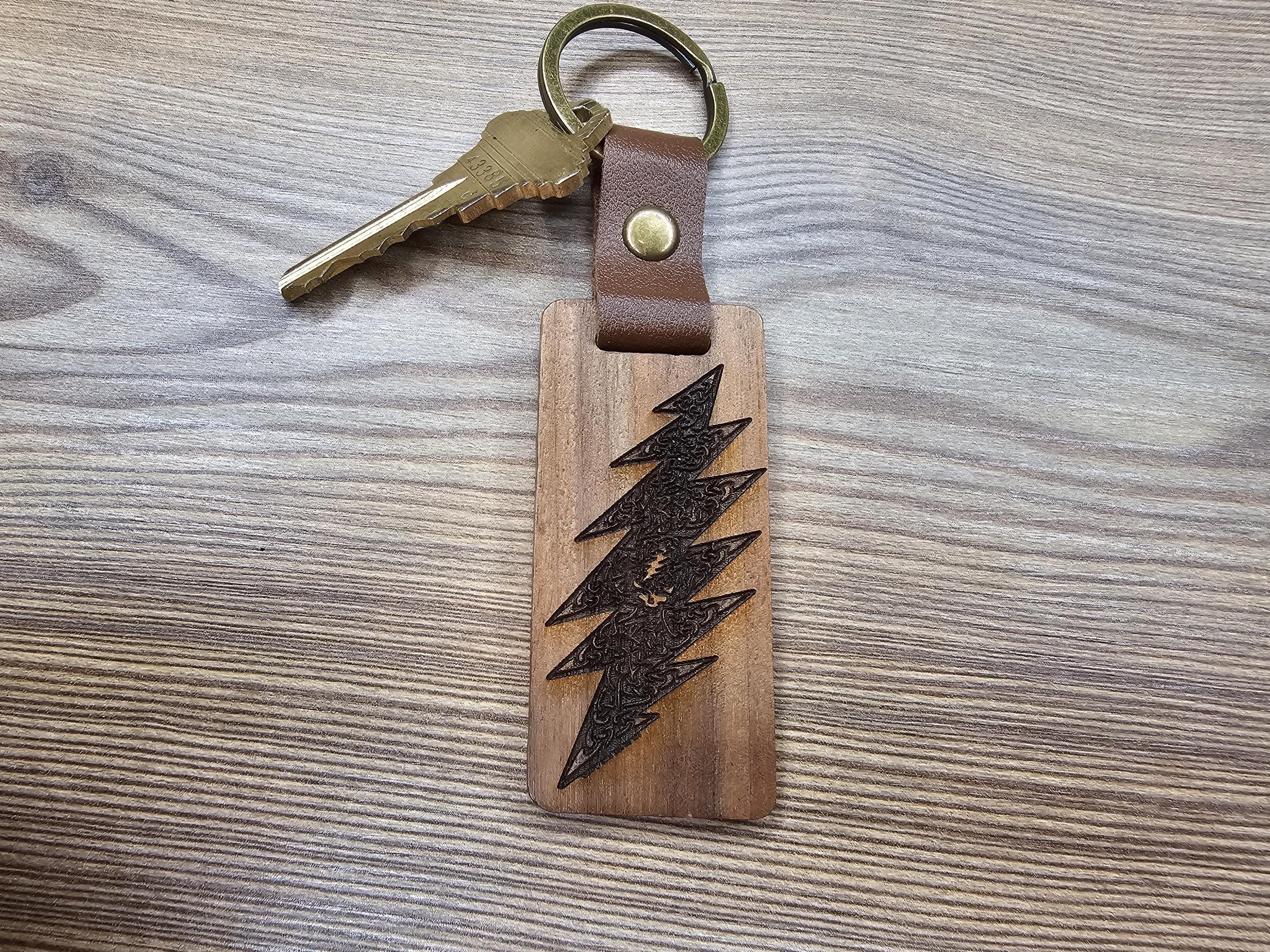 Grateful Dead Keychain – Walnut Wood Celtic Bolt Design | Double-Sided Engraving
