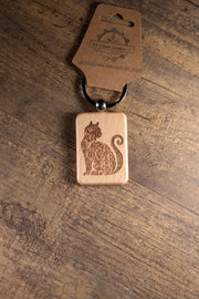 Cat Keychain – Handmade Hardwood Bag Charm with Laser Engraved Wood Design