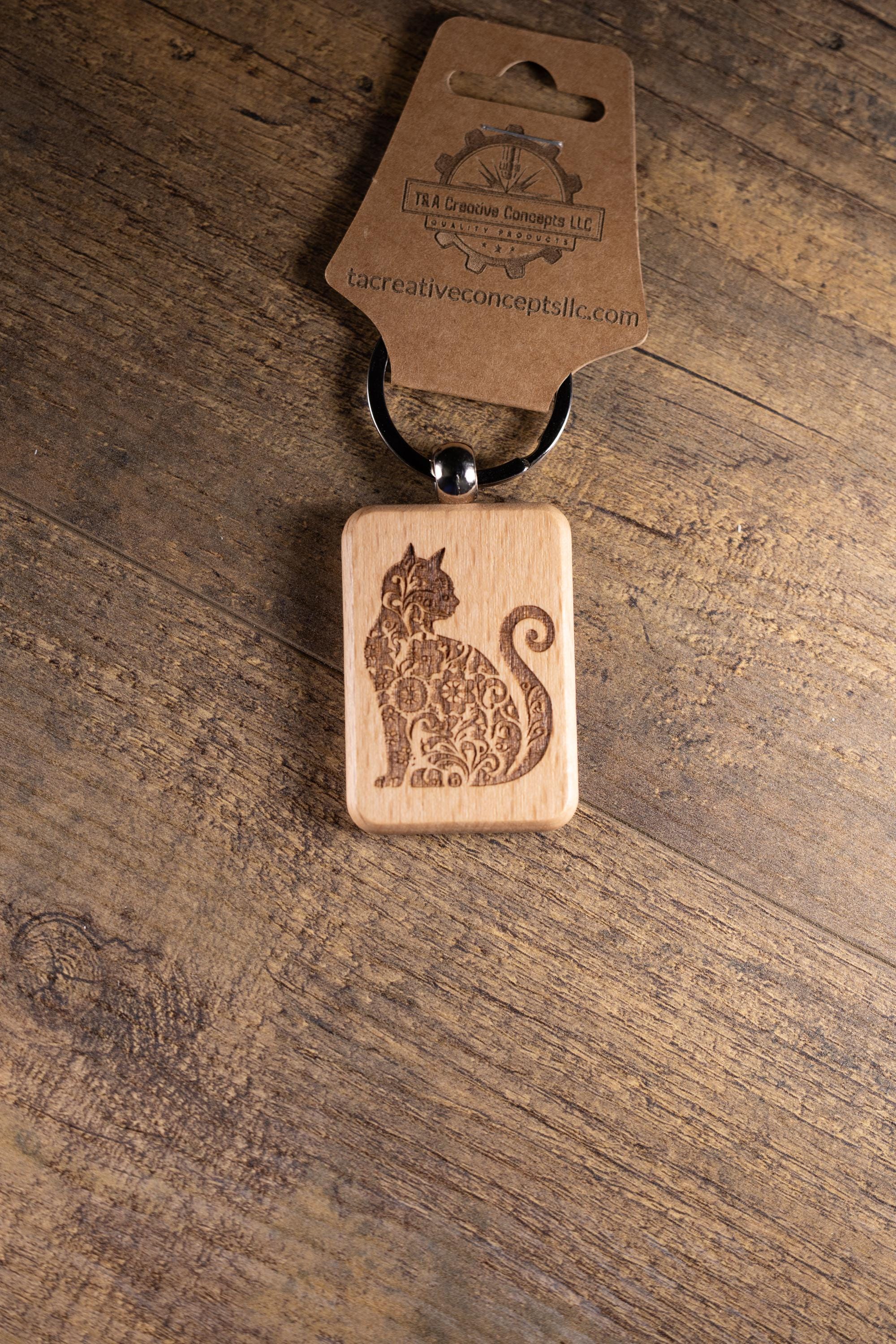 Cat Keychain – Handmade Hardwood Bag Charm with Laser Engraved Wood Design