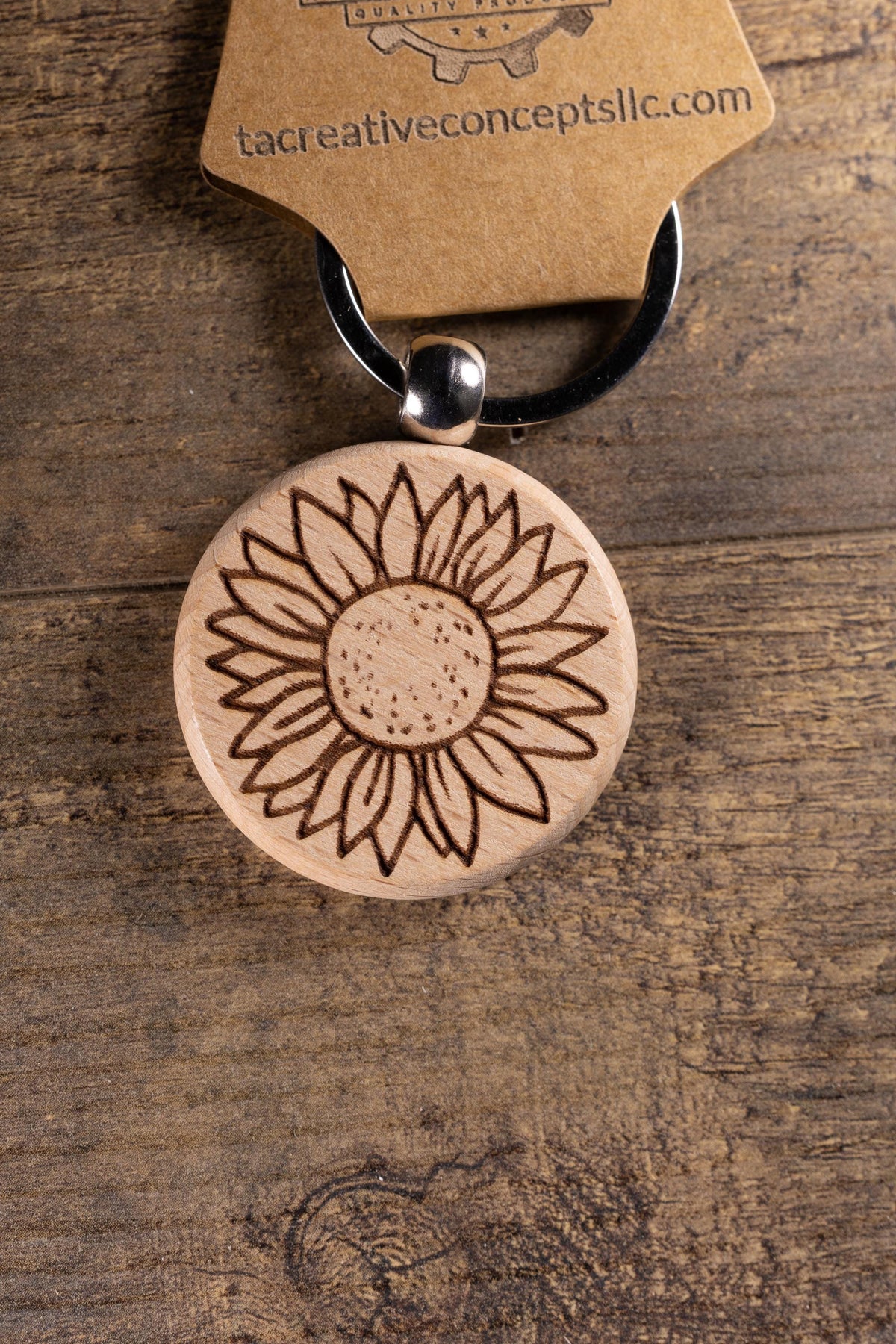 Sunflower Keychain – Laser Engraved Wood Hardwood Accessory with Stainless Steel Hardware