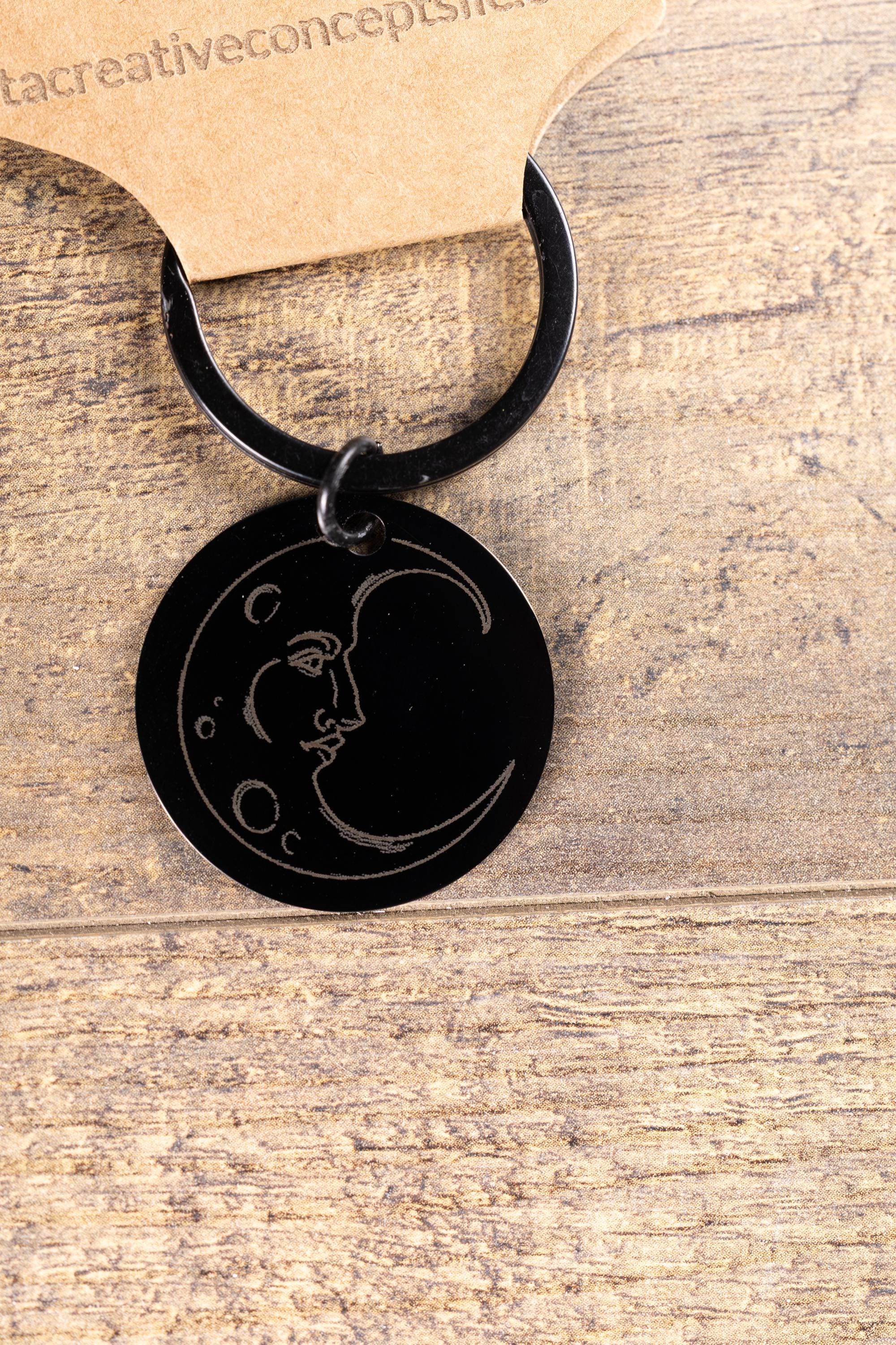 Moon Keychain – Black Stainless Steel | Laser Engraved Celestial Night Sky Accessory