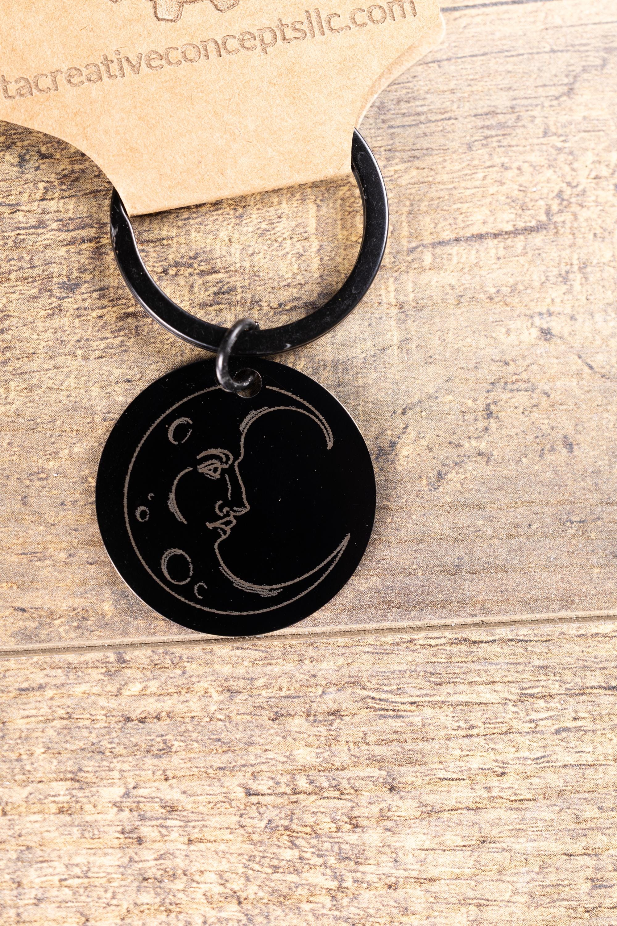 Moon Keychain – Black Stainless Steel | Laser Engraved Celestial Night Sky Accessory