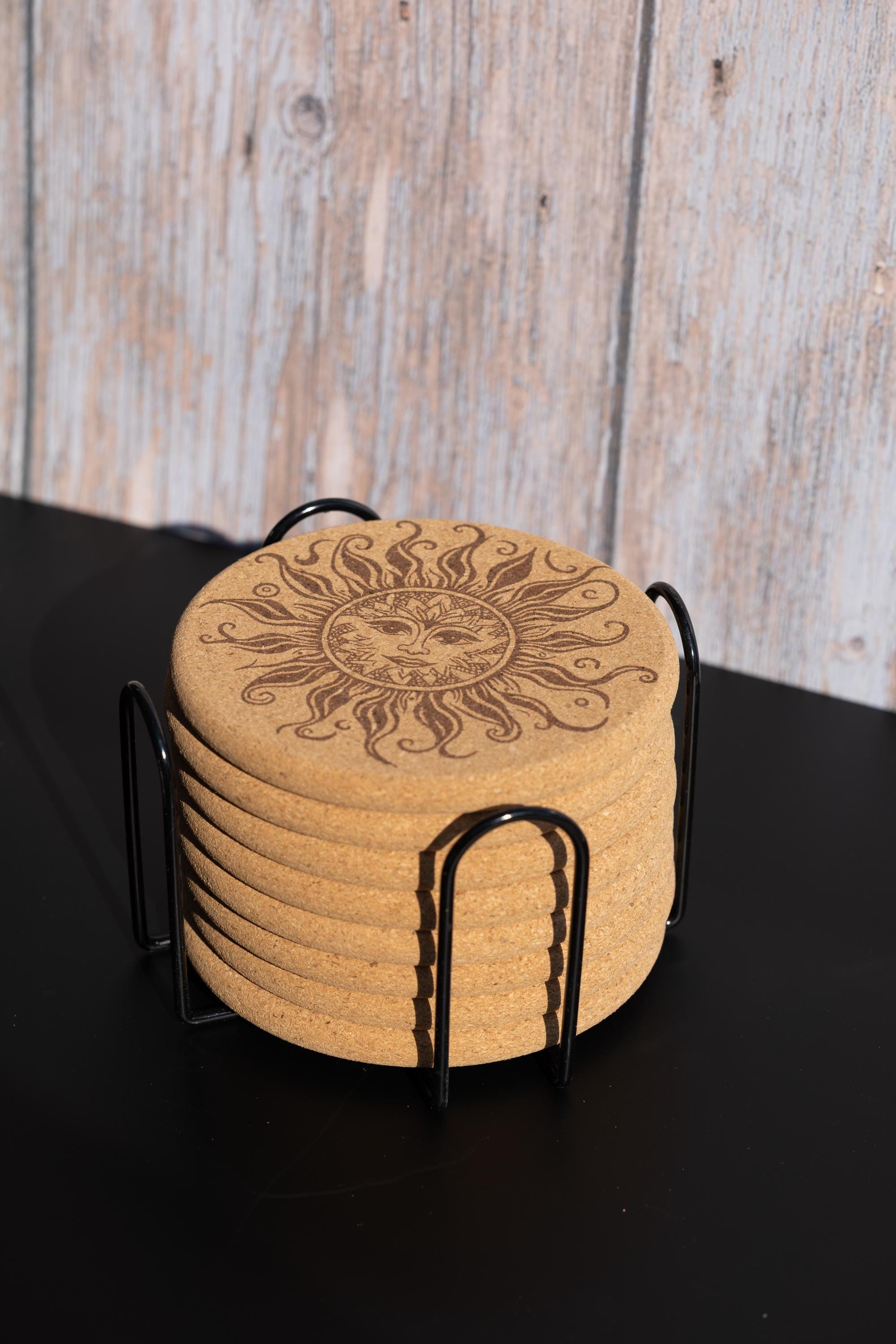 Sun Cork Coasters - Set of 8 Laser Engraved Boho Rustic Drink Mats with Holder
