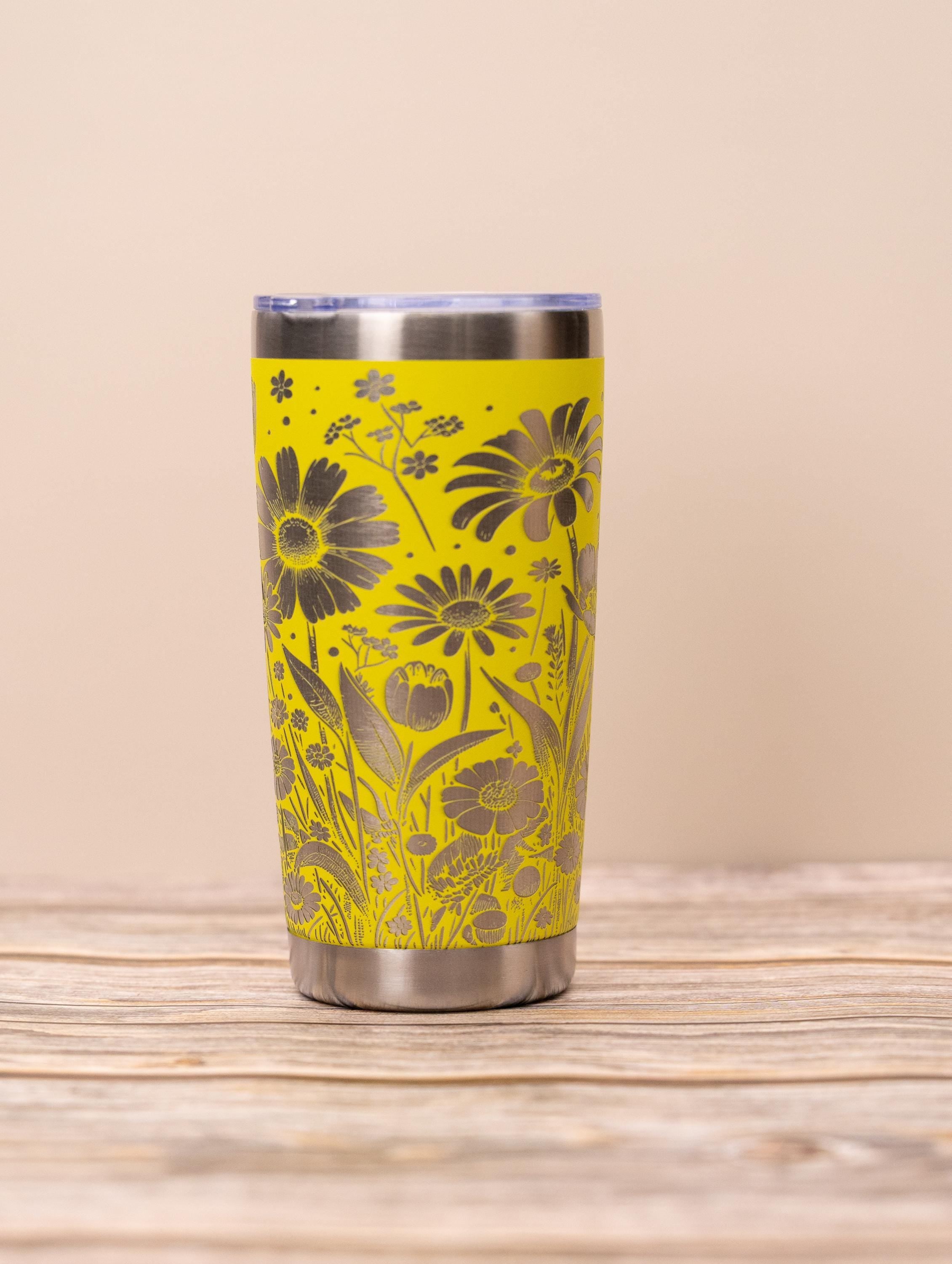 Stainless Steel Tumbler - Floral Wrap Tumbler with Daisy Tulip Design, 20oz Insulated Drinkware