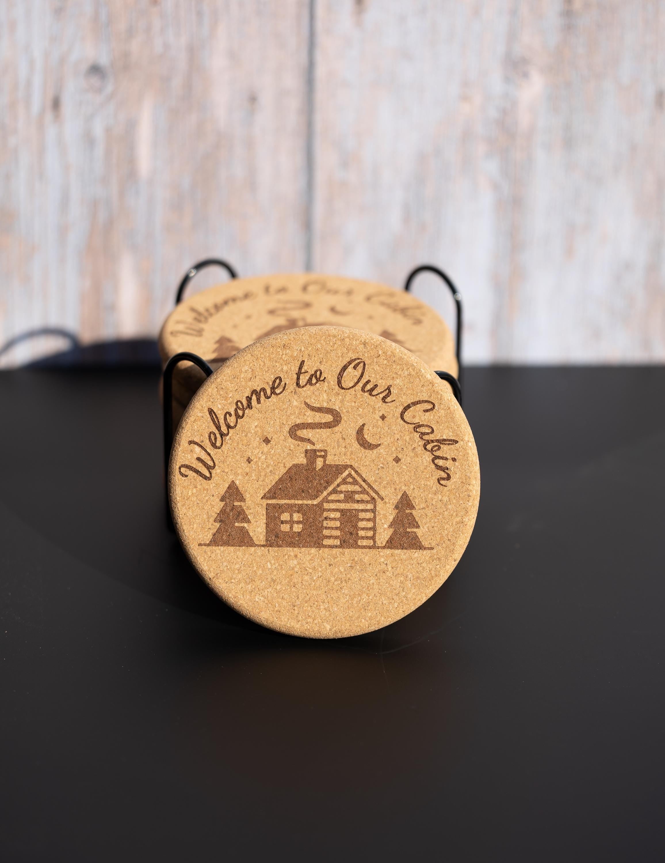 Rustic Cork Coasters - Welcome Cabin Coaster Set of 8 with Holder | Engraved Drink Mats
