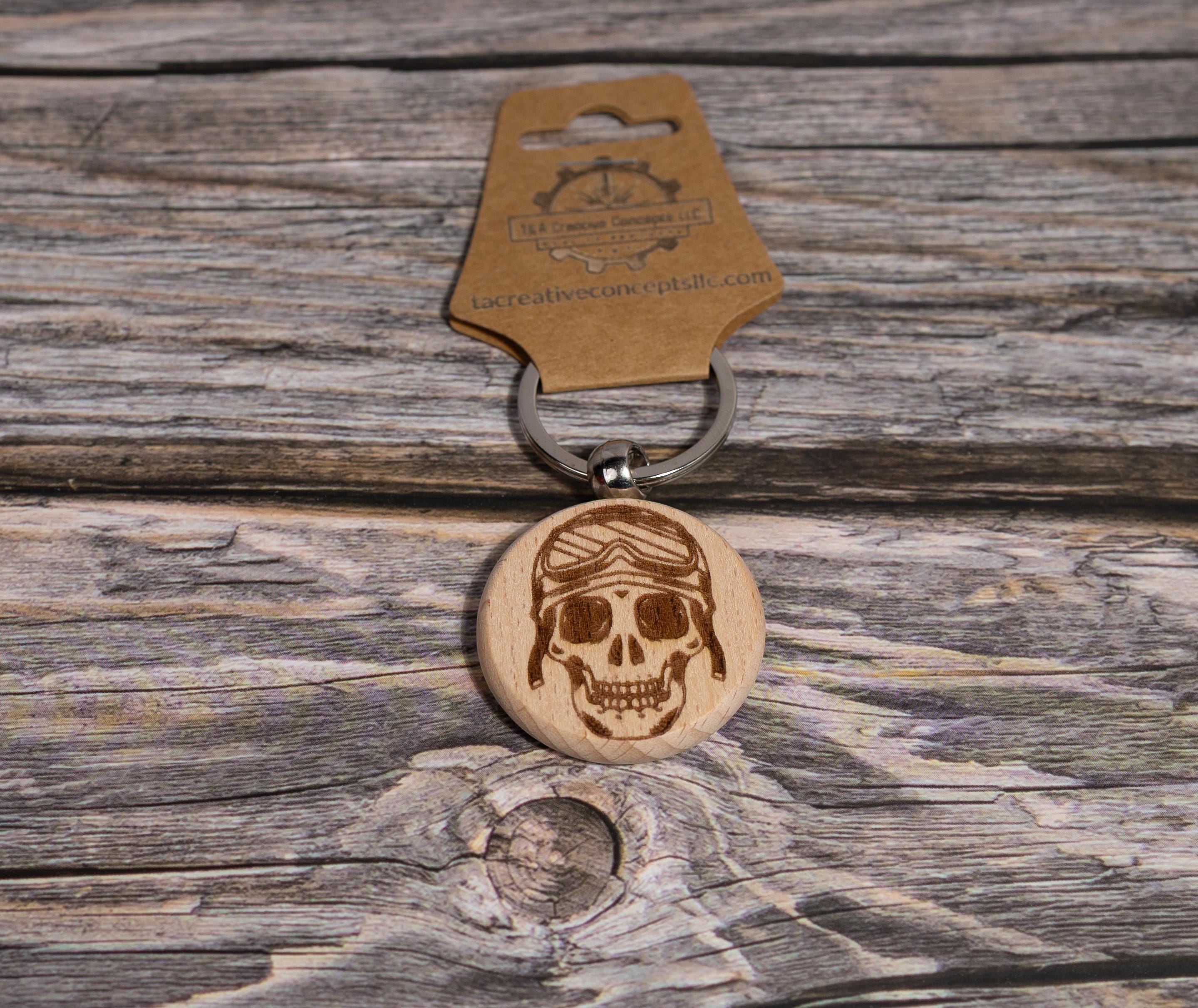Motorcycle Skull Keychain – Double Sided Engraved Hardwood & Stainless Steel Ring