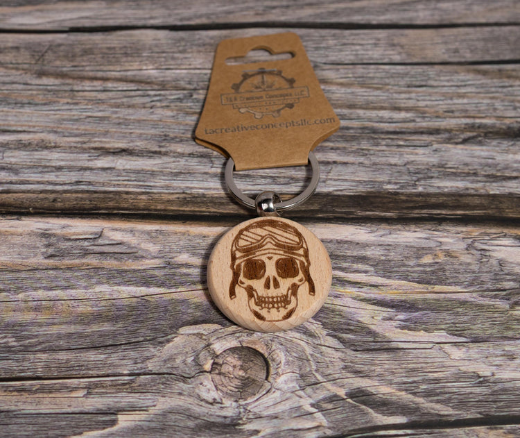 Motorcycle Skull Keychain – Double Sided Engraved Hardwood & Stainless Steel Ring