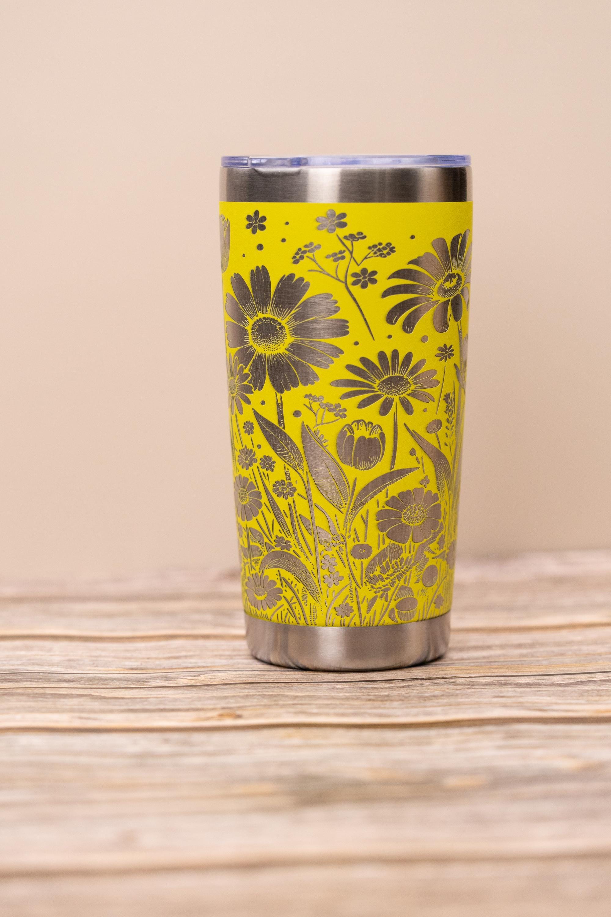 Stainless Steel Tumbler - Floral Wrap Tumbler with Daisy Tulip Design, 20oz Insulated Drinkware