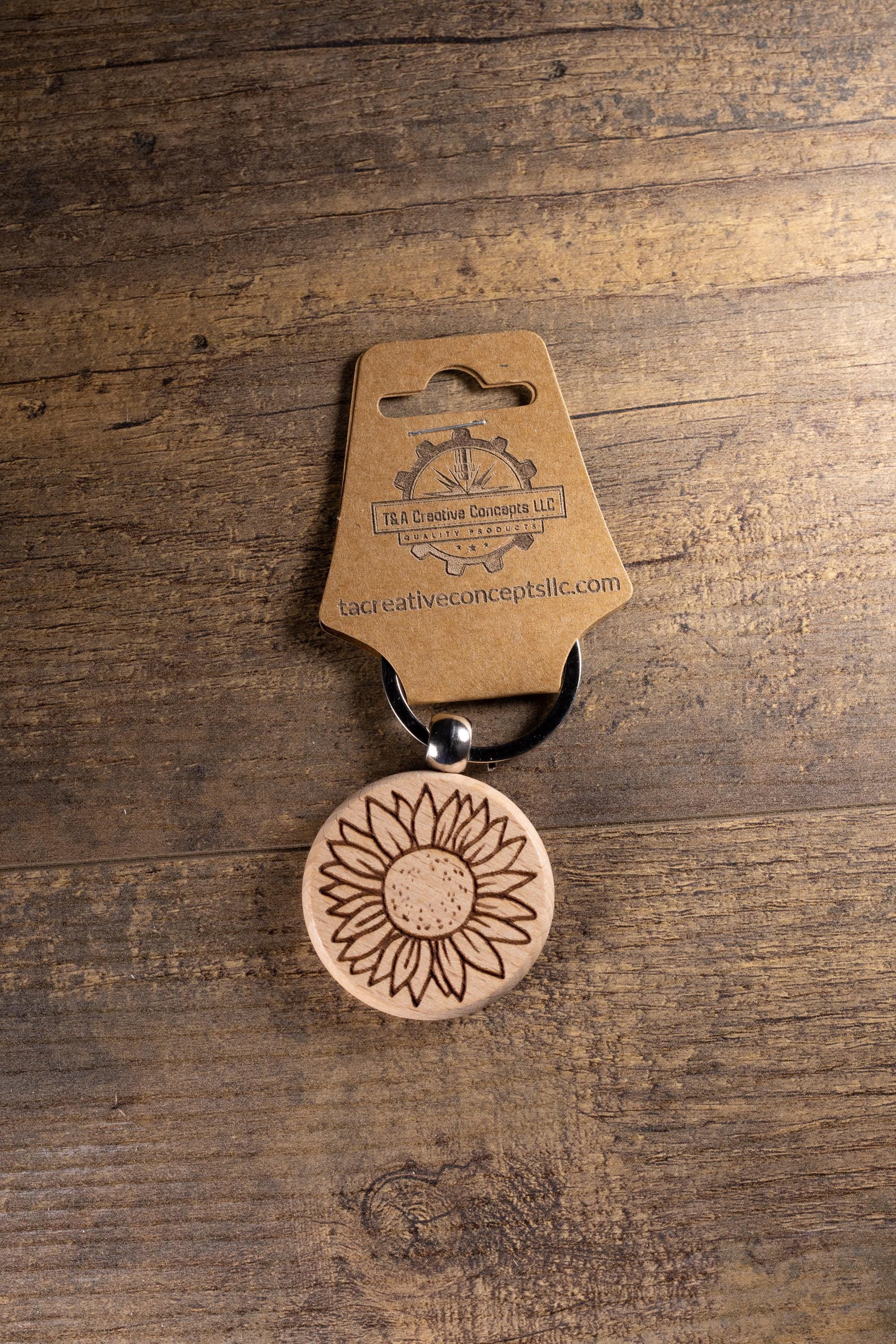 Sunflower Keychain – Laser Engraved Wood Hardwood Accessory with Stainless Steel Hardware