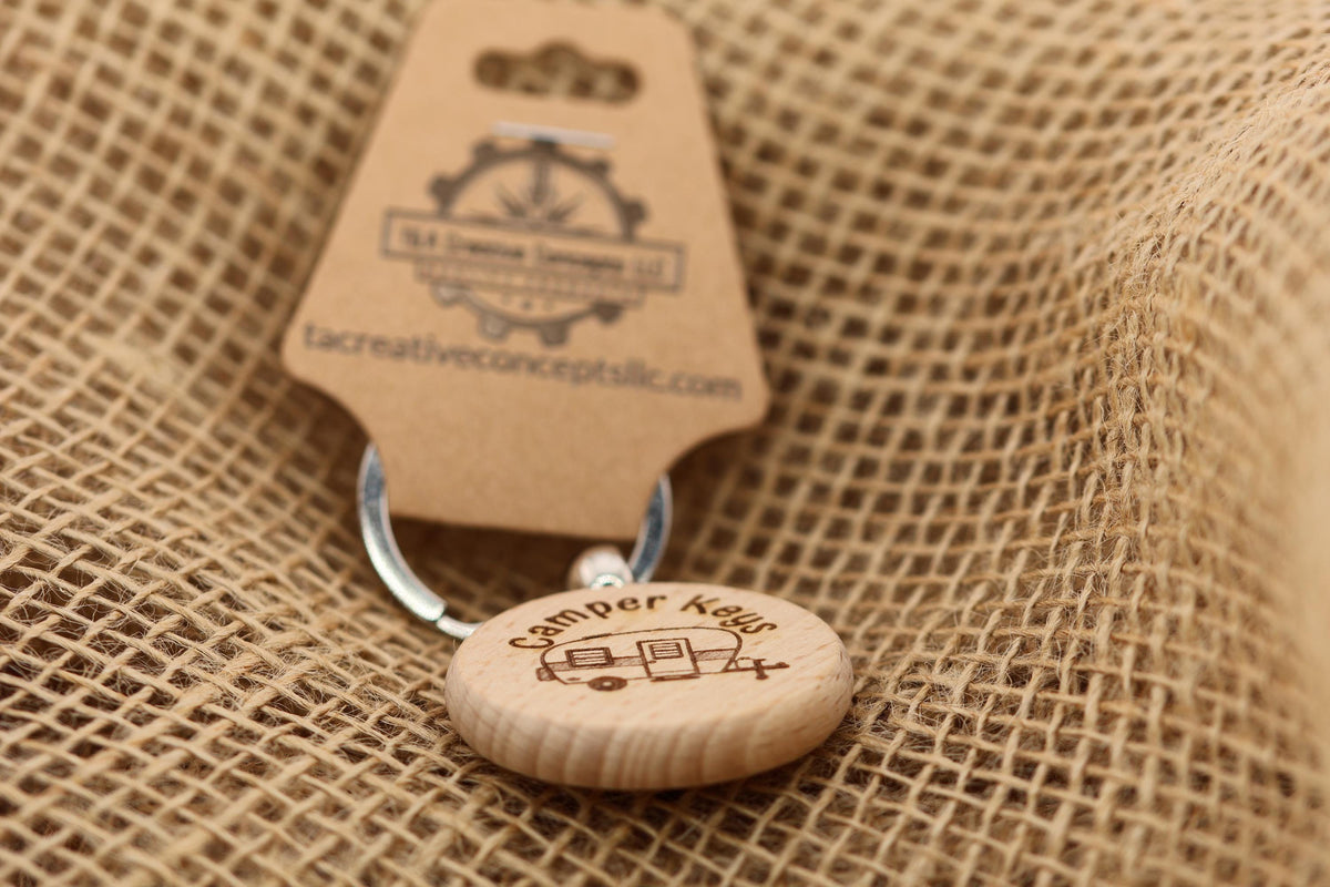 Wood Camper Keychain – Laser Engraved Double Sided Hardwood Keychain with Rust Resistant Ring