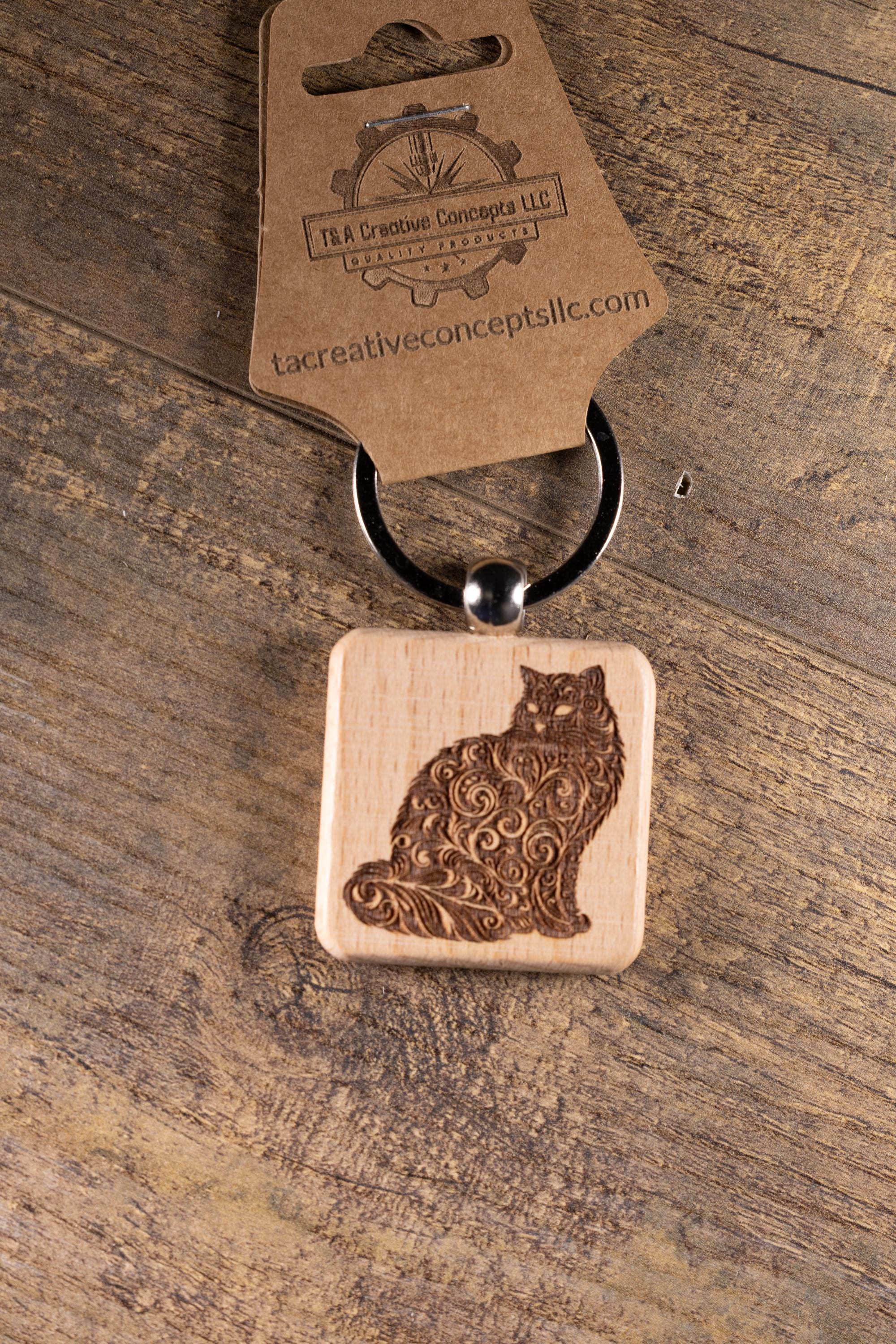 Wood Cat Keychain – Laser Engraved Hardwood | Durable Cat Pendant, Handmade Gift
