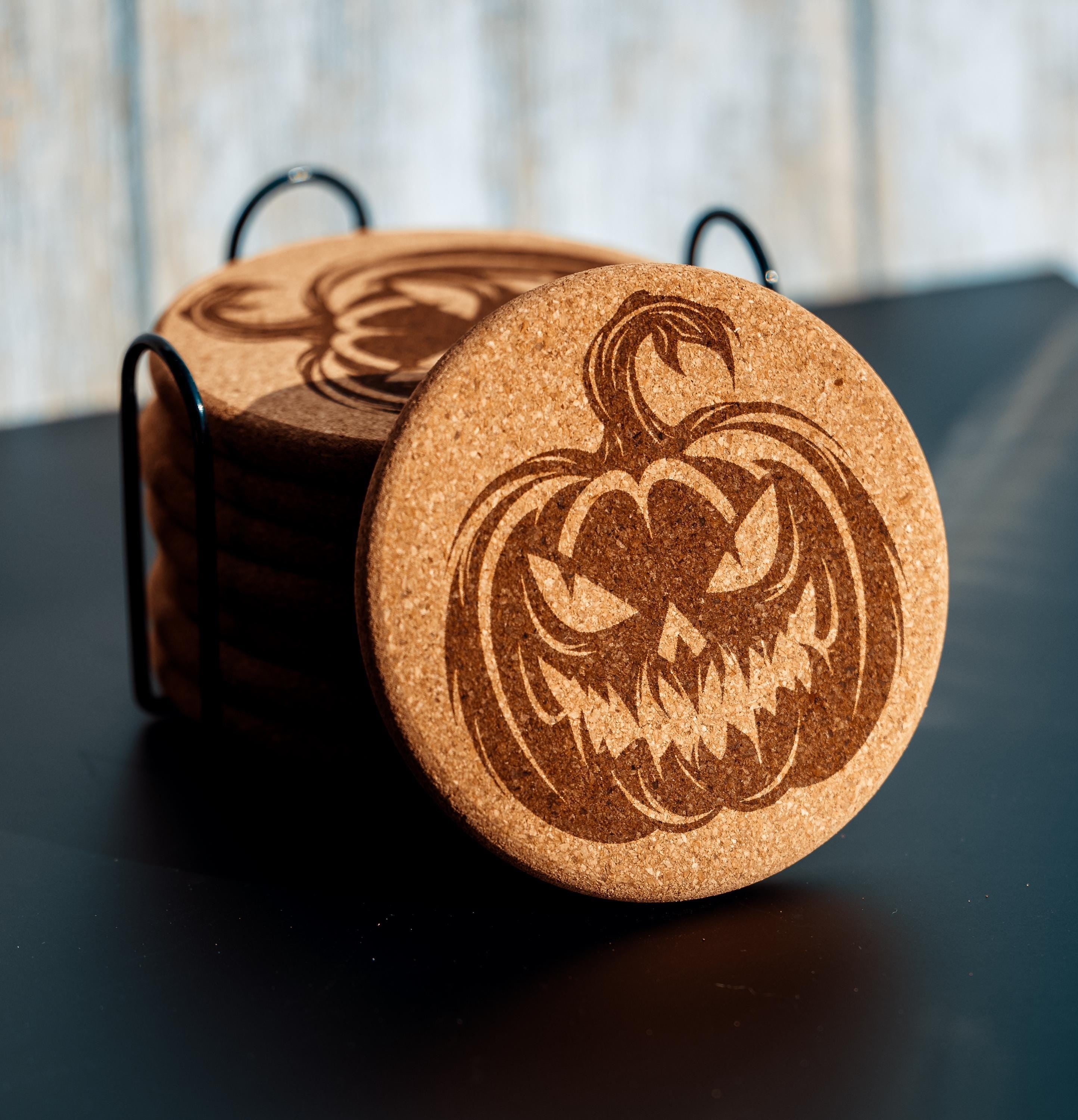 Halloween Pumpkin Coasters – Natural Cork Set | Laser Engraved Pumpkin Coaster Holder