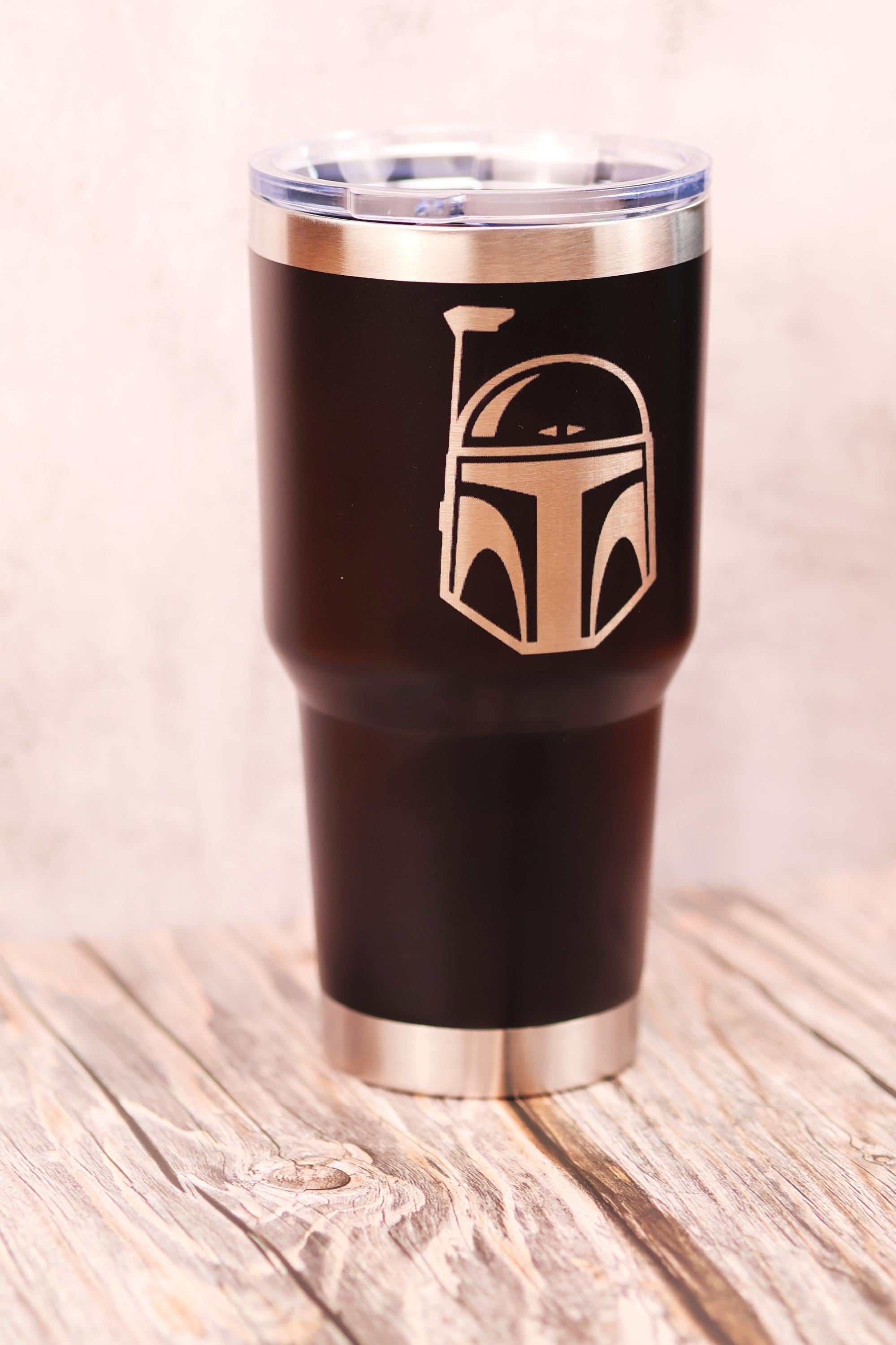 Boba Fett Tumbler – 30oz Stainless Steel Cup | Laser Engraved Helmet, Clear Lid