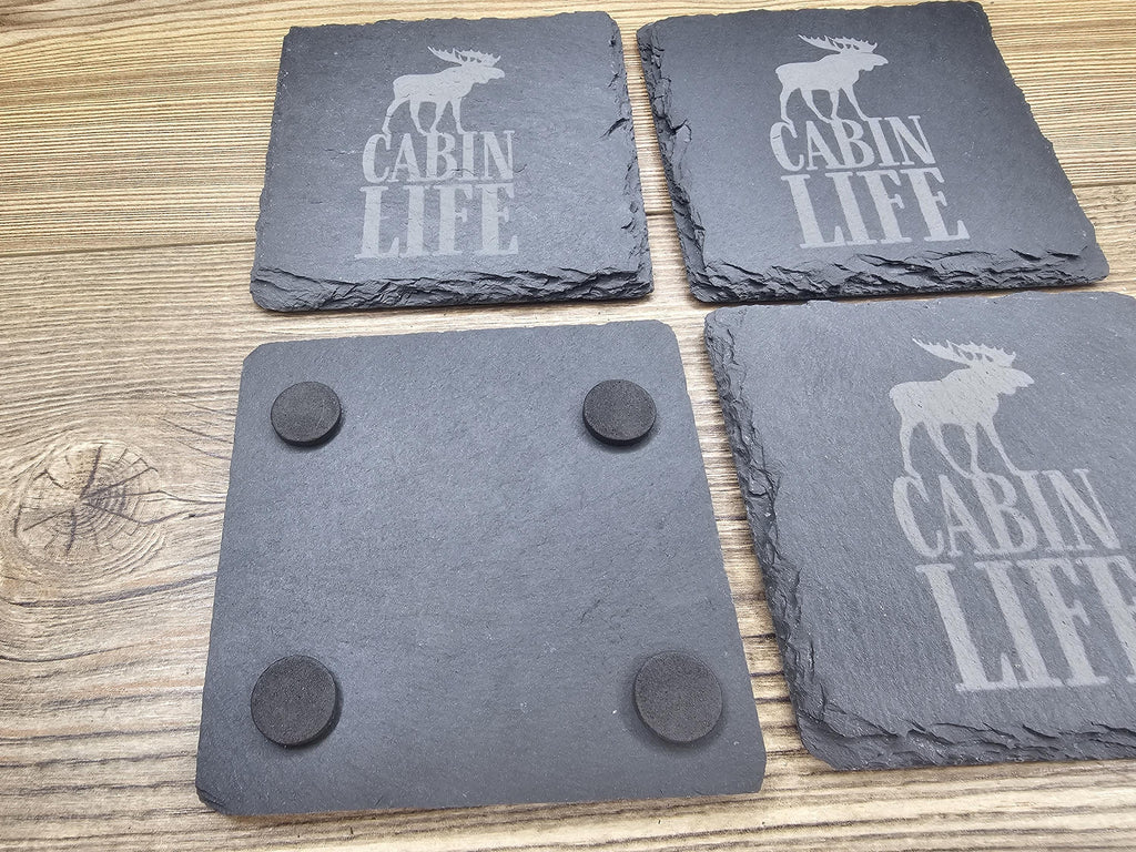 Rustic Slate Coasters – Cabin Life Coasters Set of 4 with Furniture Protection Pads