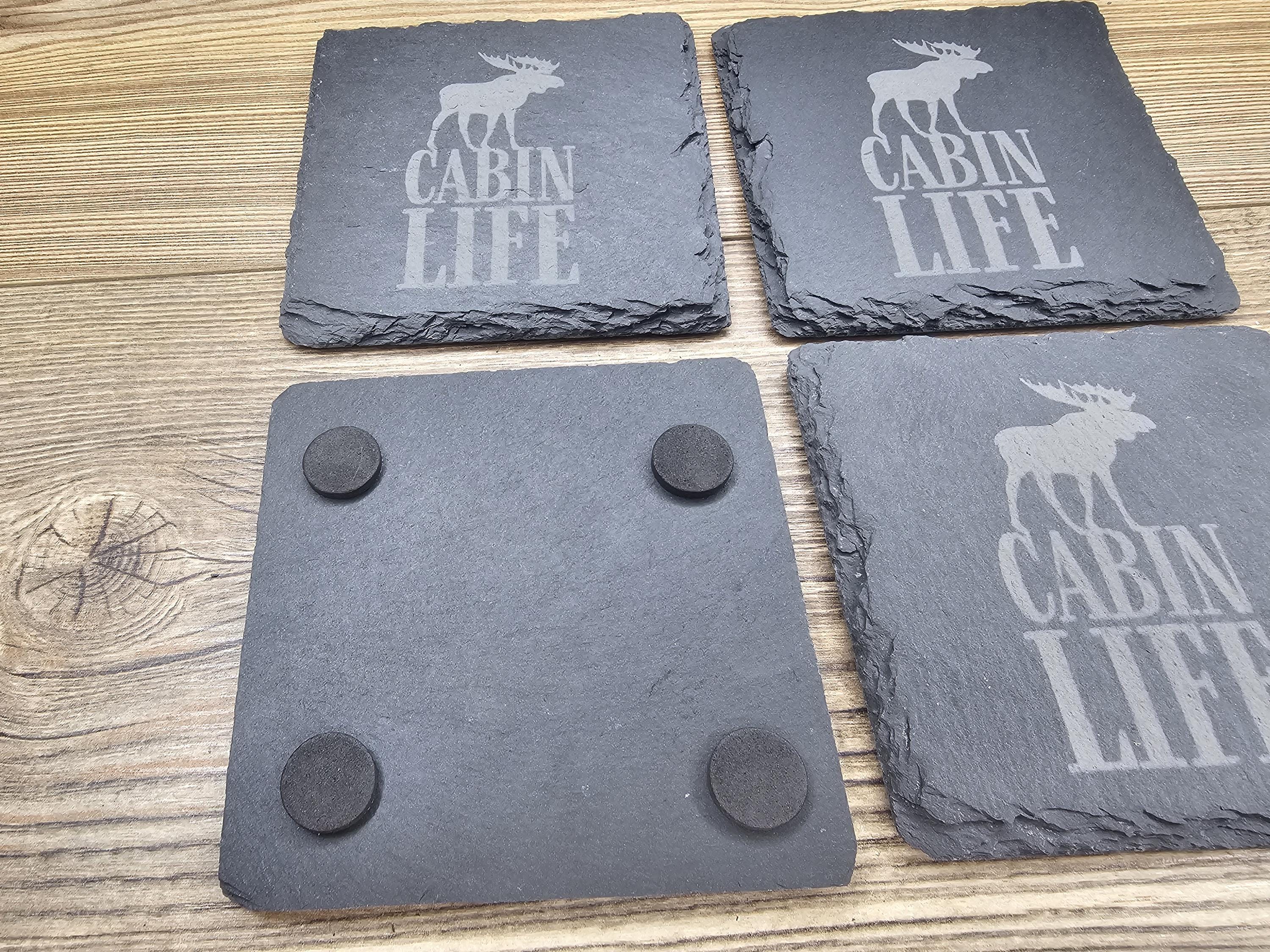 Rustic Slate Coasters – Cabin Life Coasters Set of 4 with Furniture Protection Pads