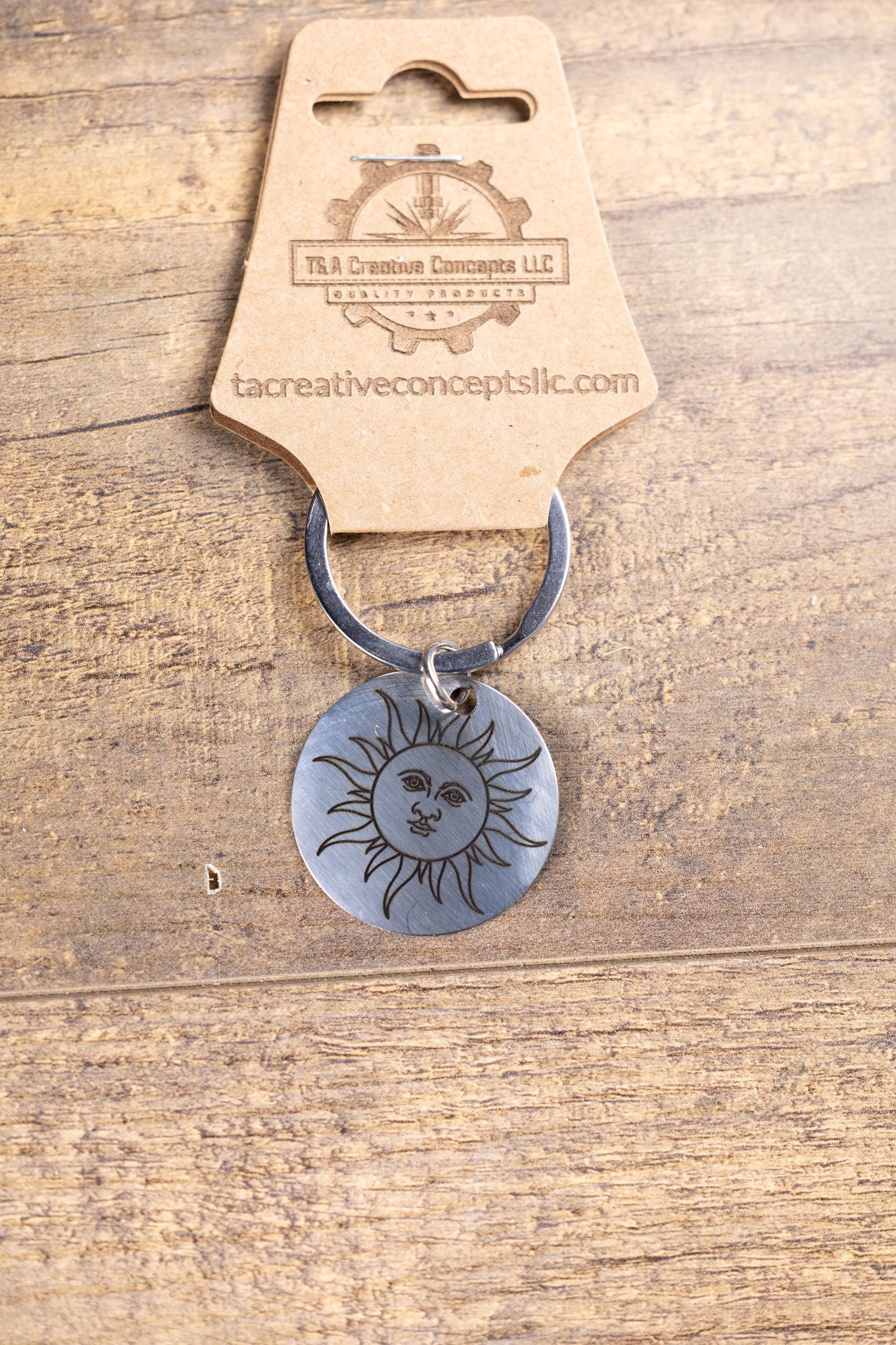 Stainless Steel Sun Keychain – Laser Engraved Double Sided Celestial Charm