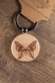 Butterfly Keychain - Laser Engraved Wood Bag Charm with Stainless Steel Ring