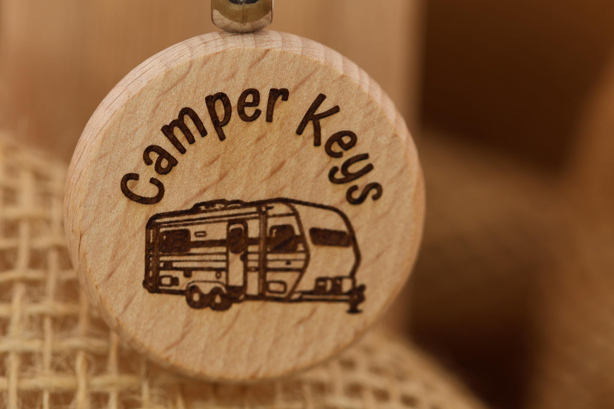Camper Wood Keychain - Double Sided Design | Natural Hardwood Charm & Rust Resistant Ring