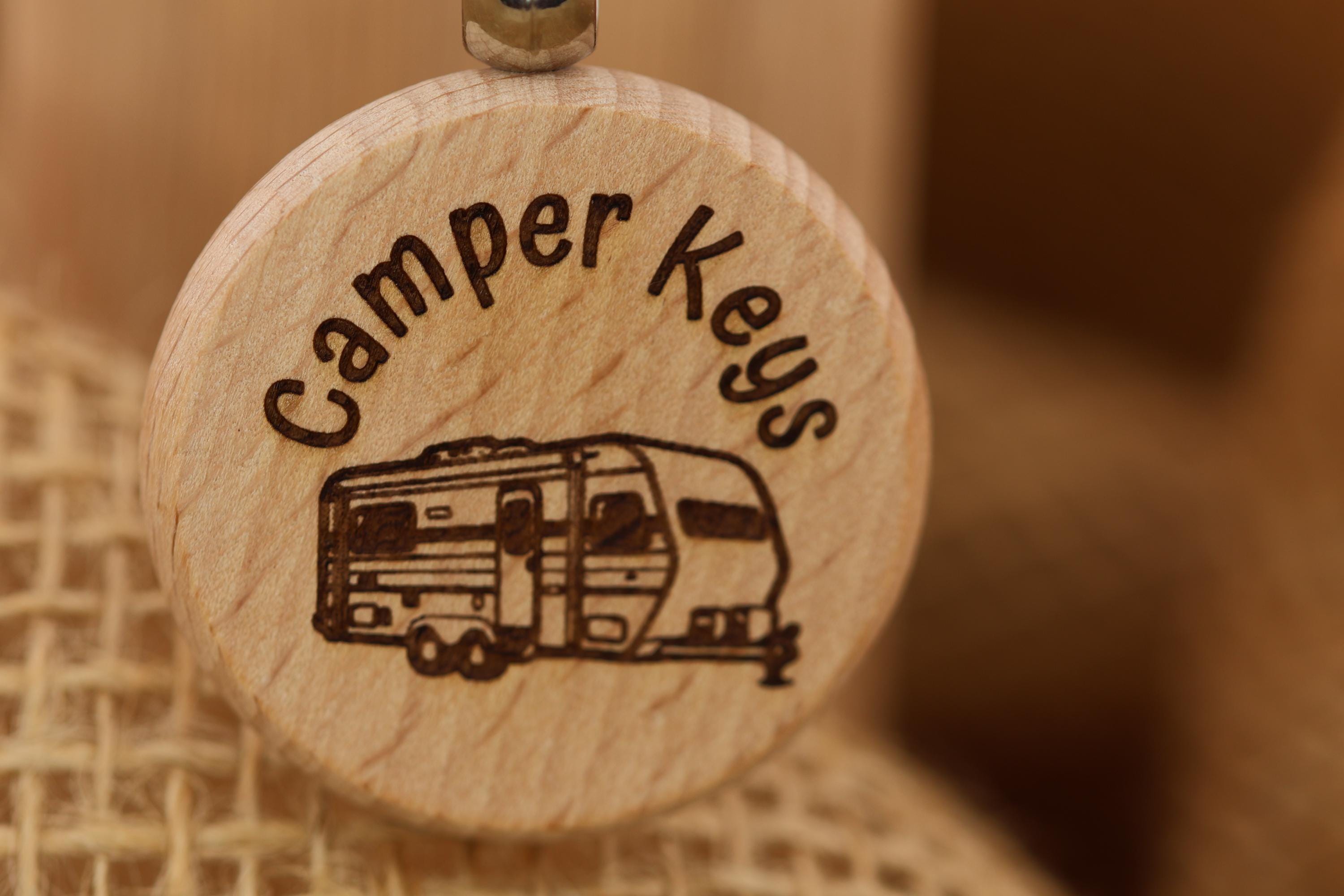 Camper Wood Keychain - Double Sided Design | Natural Hardwood Charm & Rust Resistant Ring