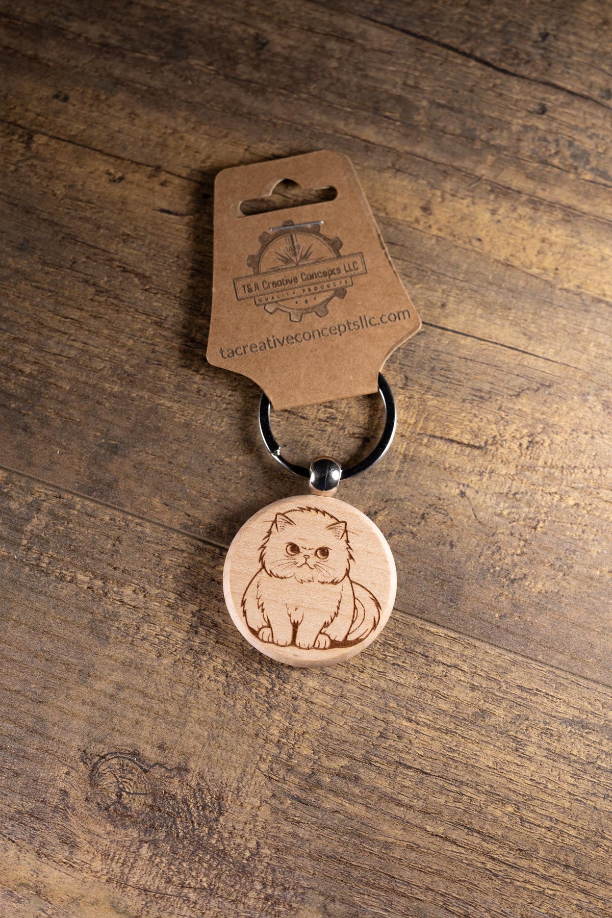 Cat Wood Keychain – Handmade Cat Charm With Laser Engraved Wood Grain