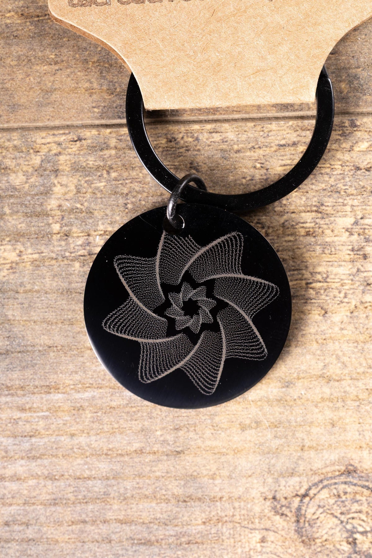 Matte Black Star Keychain - Double-Sided Laser Engraved Spiral Design, Durable Steel