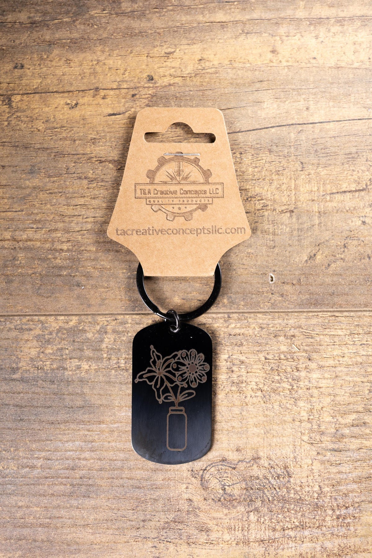 Floral Vase Keychain - Black Steel Durable Keepsake with Laser Engraved Charm