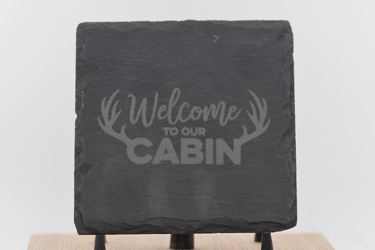 Rustic Slate Coasters – Laser Engraved Cabin Drink Pads | Set of 4 Durable Slate