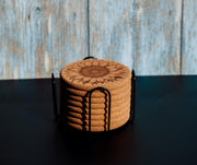 Rustic Cork Coasters - Set of 8 Sunflower Drink Set with Natural Cork Holder