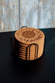 Rustic Cork Coasters - Set of 8 Sunflower Drink Set with Natural Cork Holder