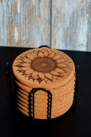 Rustic Cork Coasters - Set of 8 Sunflower Drink Set with Natural Cork Holder
