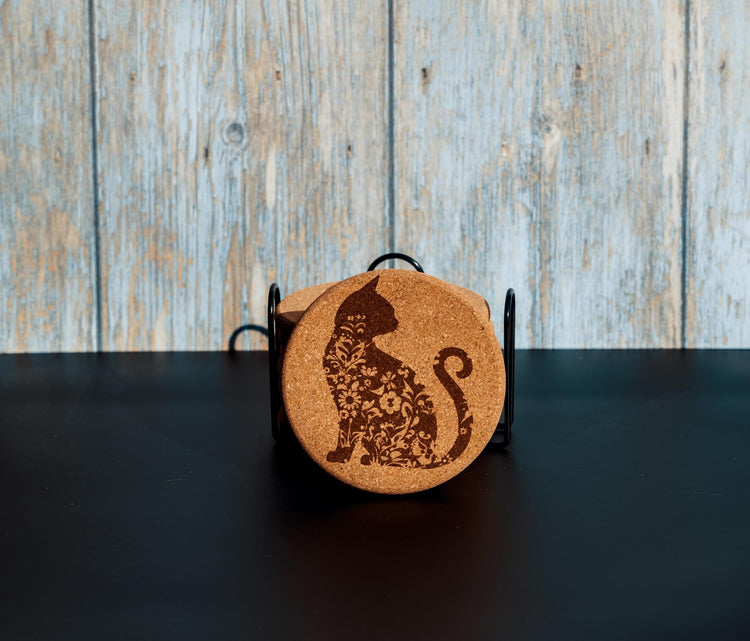 Cat Cork Coasters, Laser Engraved Art (Set of 8 with Holder)