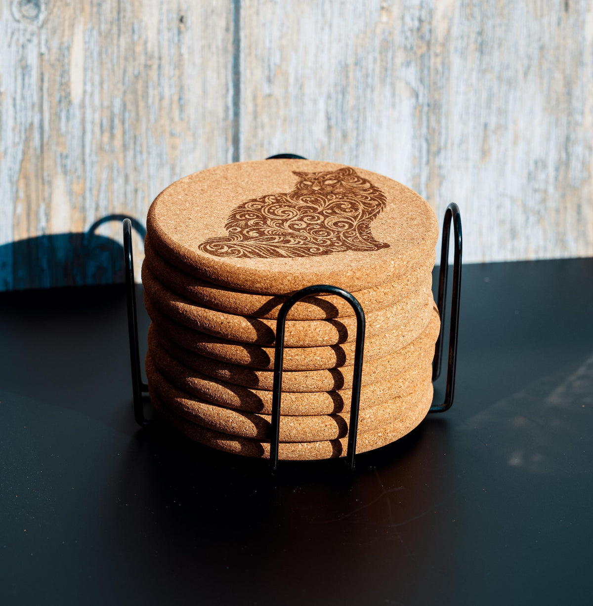 Cat Cork Coasters - Laser Engraved Natural Cork Set of 8 with Holder