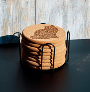 Cat Cork Coasters - Laser Engraved Natural Cork Set of 8 with Holder