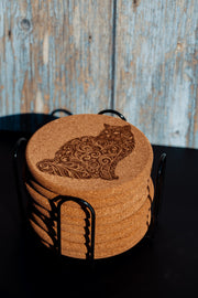 Cat Cork Coasters - Laser Engraved Natural Cork Set of 8 with Holder