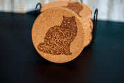 Cat Cork Coasters - Laser Engraved Natural Cork Set of 8 with Holder