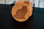 Cat Cork Coasters - Laser Engraved Natural Cork Set of 8 with Holder