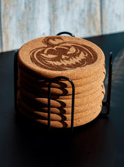 Halloween Pumpkin Coasters – Natural Cork Set | Laser Engraved Pumpkin Coaster Holder