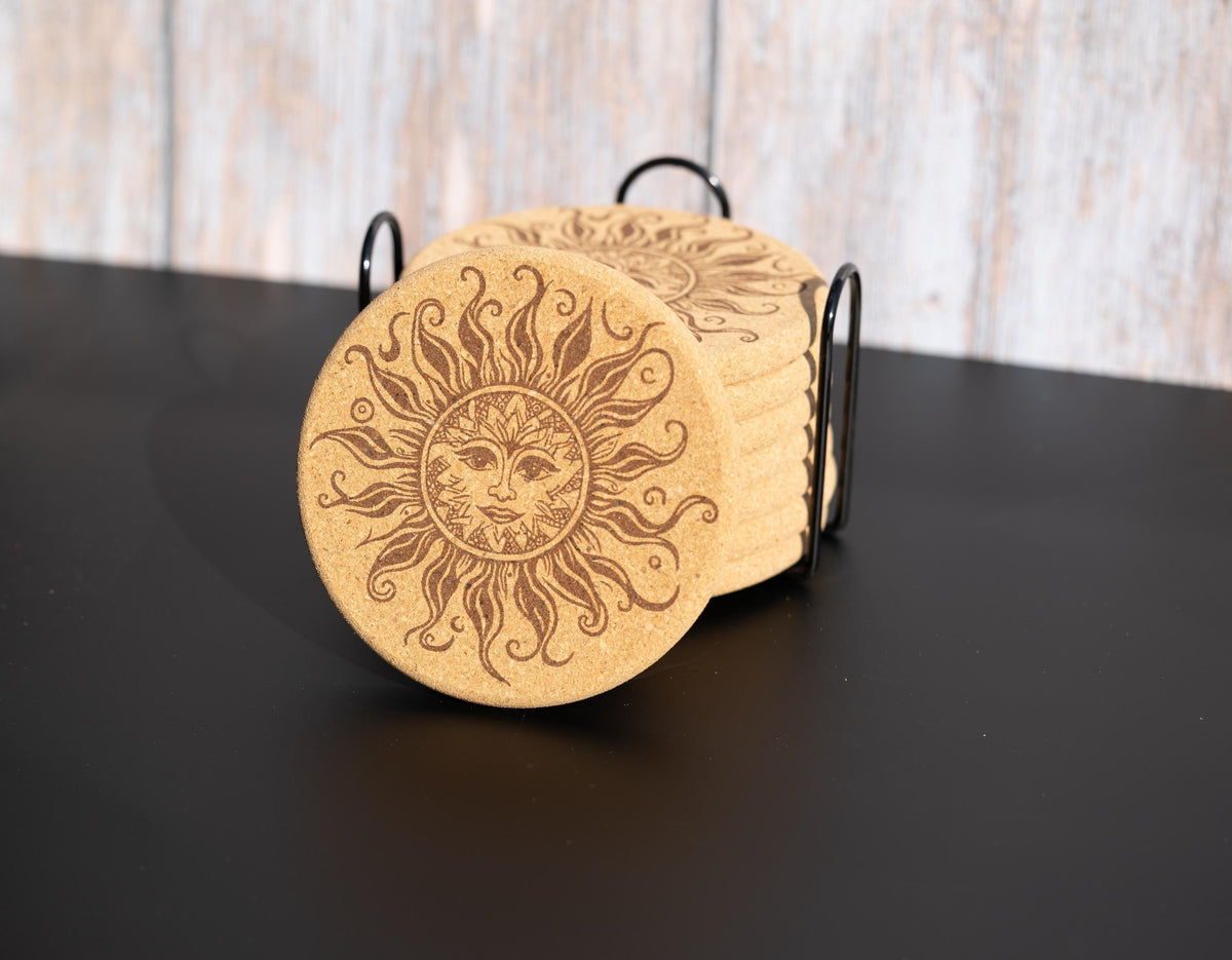 Sun Cork Coasters - Set of 8 Laser Engraved Boho Rustic Drink Mats with Holder