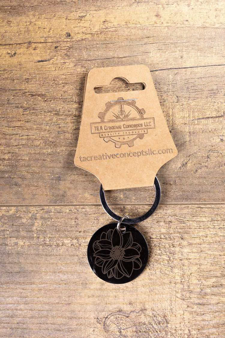 Mandala Flower Keychain: Black Stainless Steel, Double-Sided Engraving