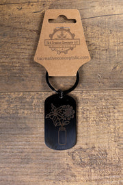 Floral Vase Keychain - Black Steel Durable Keepsake with Laser Engraved Charm