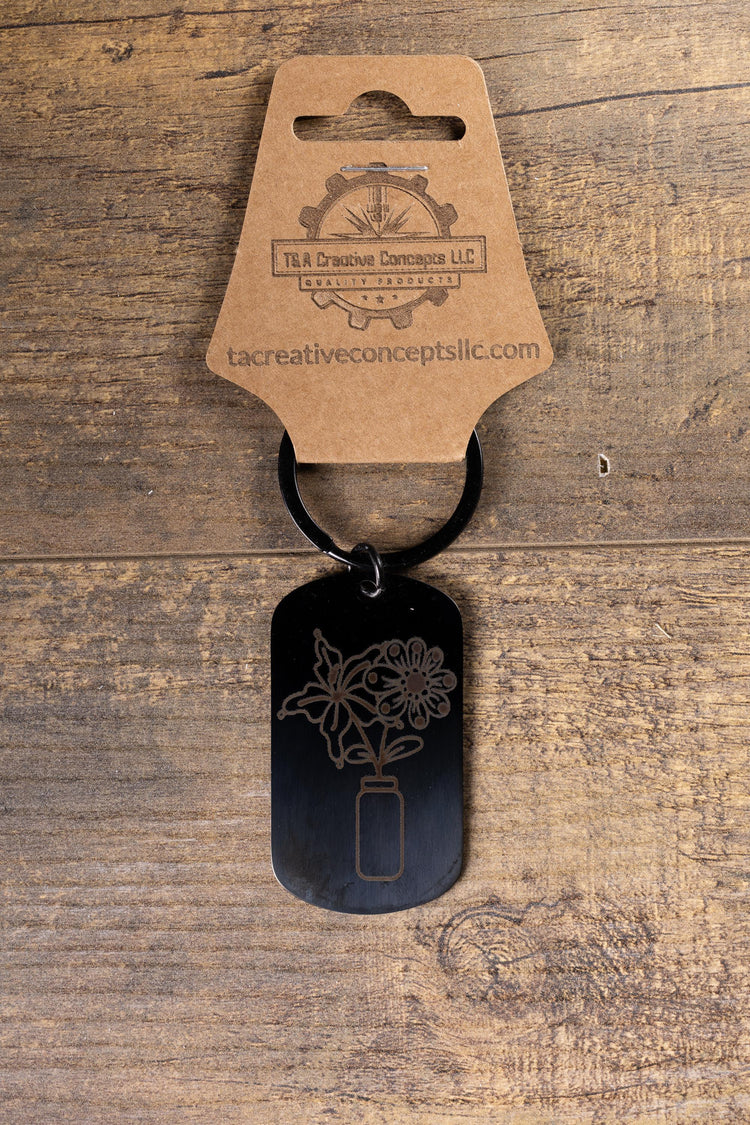 Floral Vase Keychain: Black Steel with Laser Engraved Detail