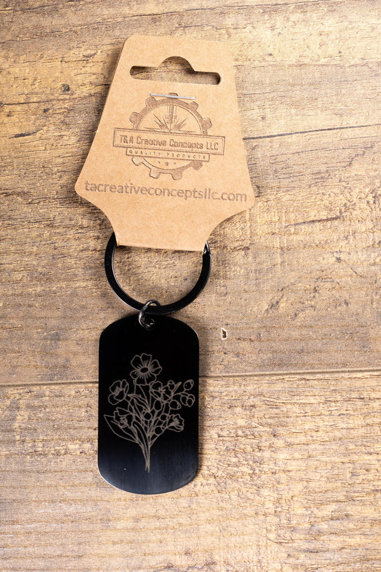 Floral Keychain: Black Stainless Steel (Laser Engraved, Fade-Resistant)