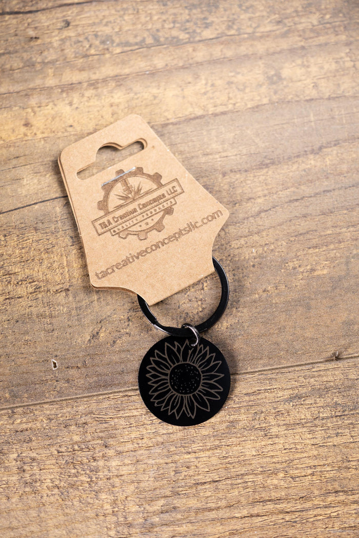 Sunflower Keychain: Floral Design in Black Stainless Steel (Laser Engraved)