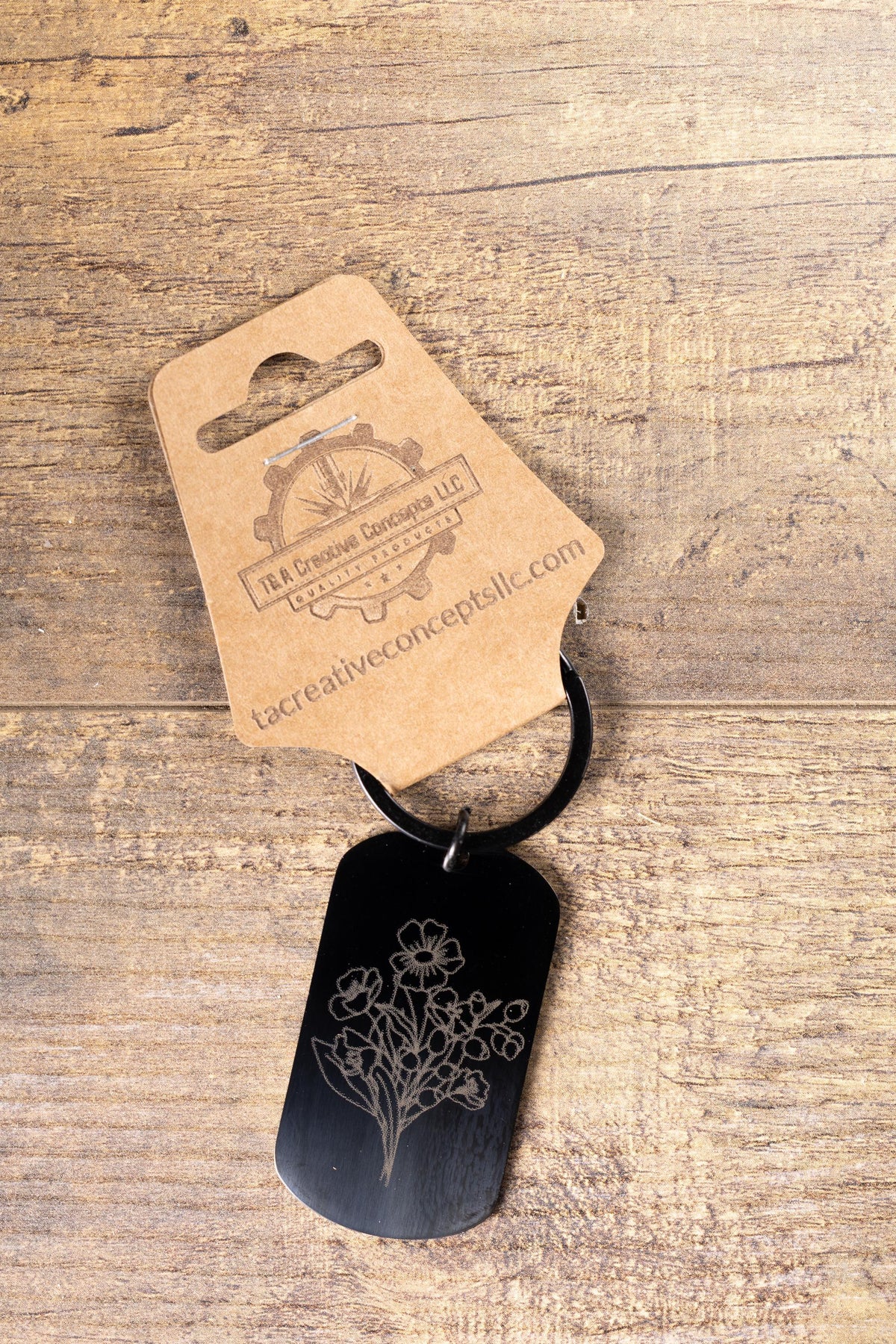 Black Stainless Steel Keychain – Floral Engraved Design | Fade Resistant, Matte Finish