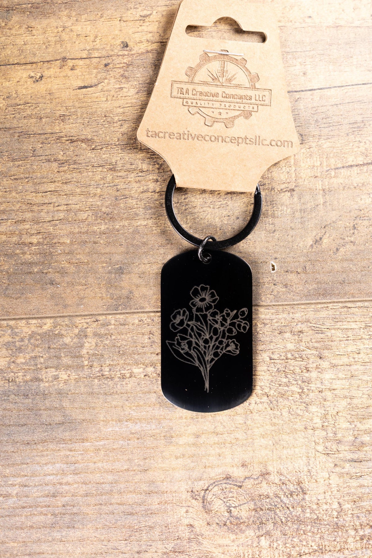 Black Stainless Steel Keychain – Floral Engraved Design | Fade Resistant, Matte Finish