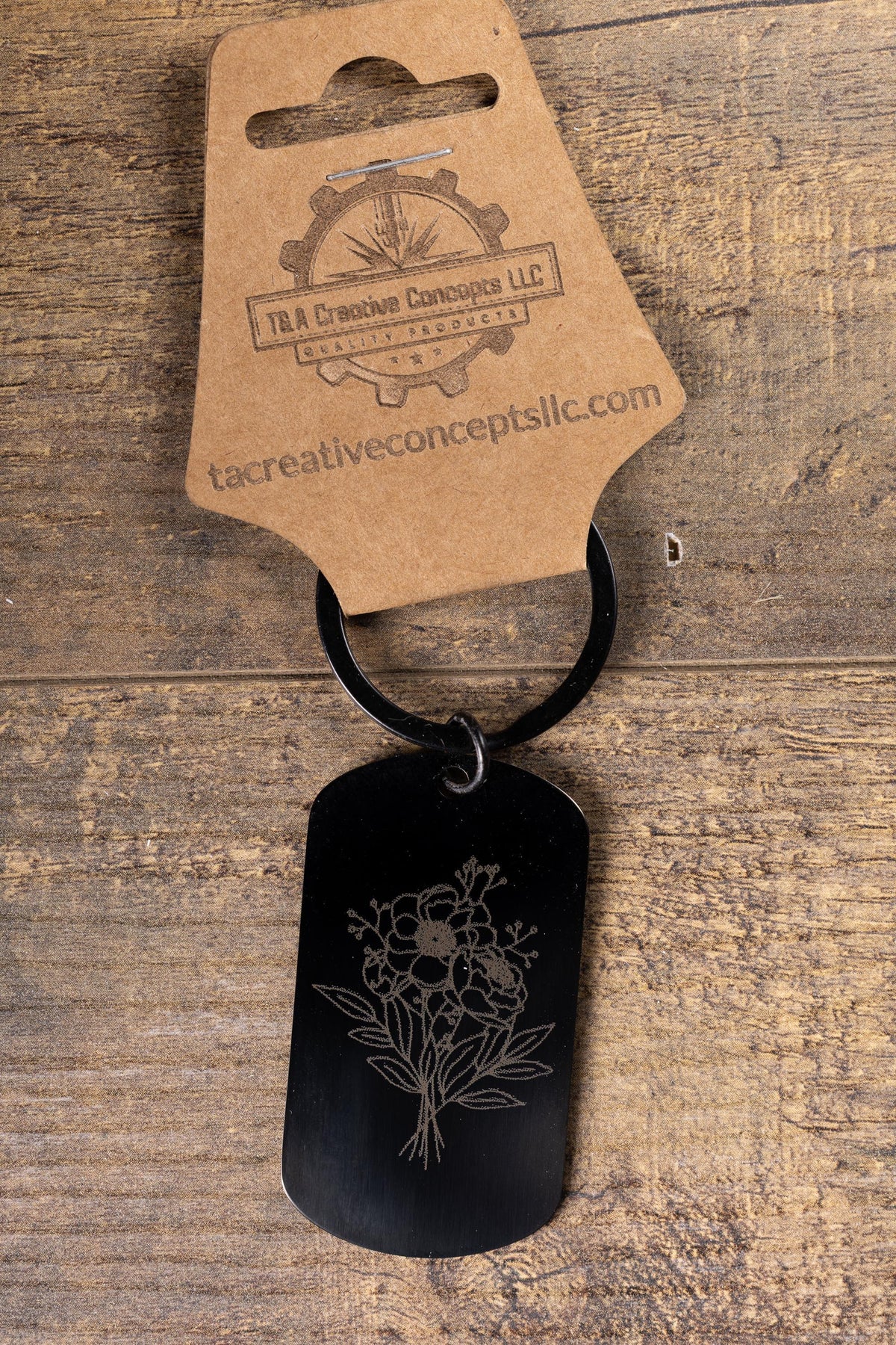 Black Floral Keychain - Laser Engraved Stainless Steel | Durable Everyday Carry