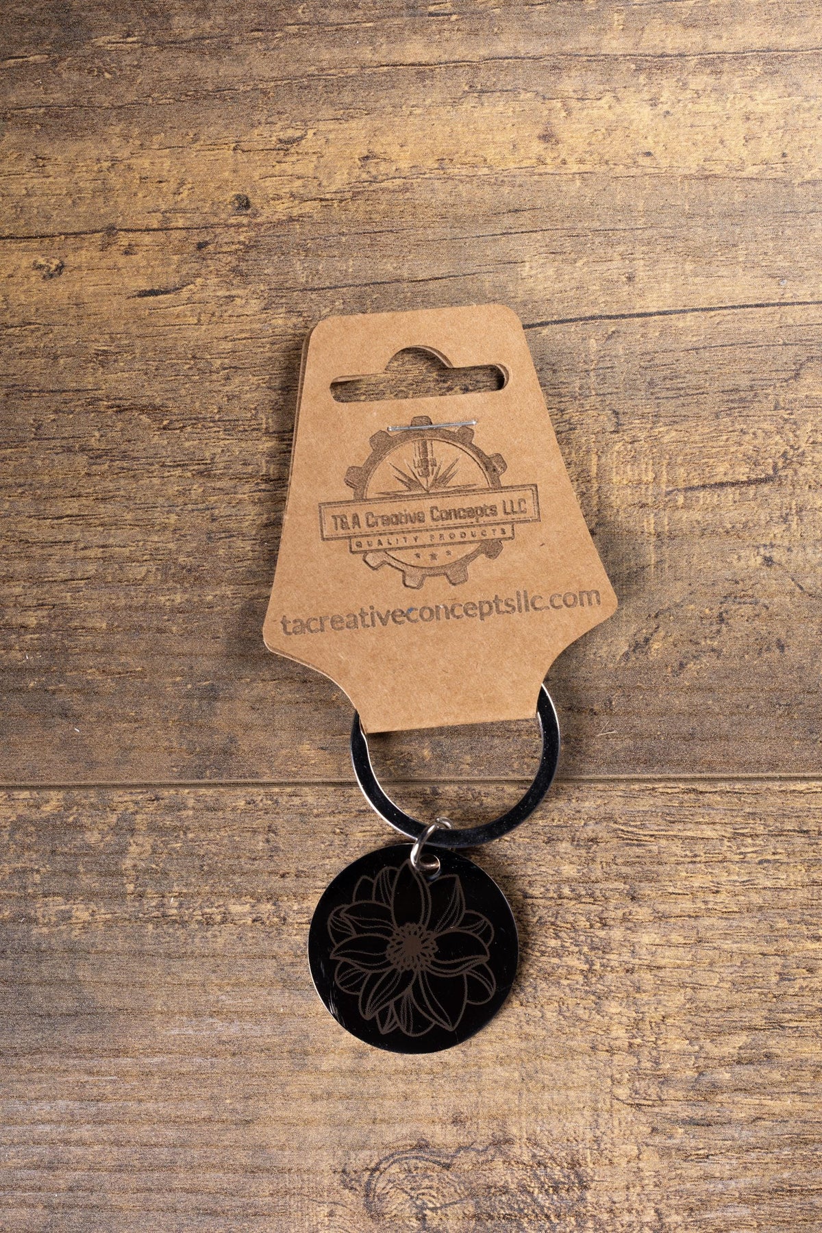 Mandala Flower Keychain – Black Stainless Steel, Double-Sided Engraved Charm